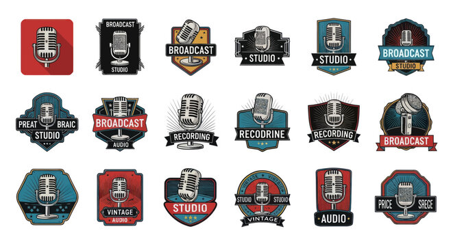 Vintage Microphone Badges and Logos Collection, Broadcast Studio Recording Labels