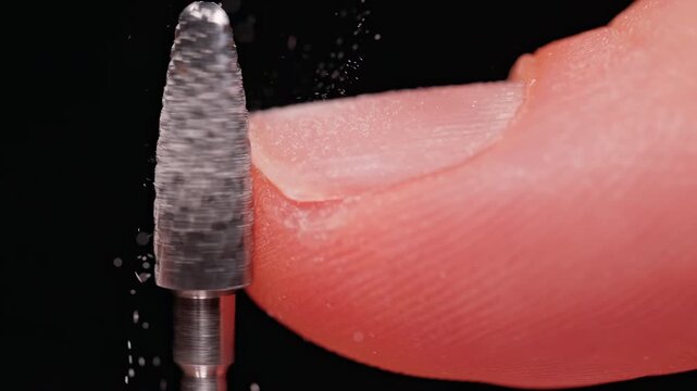 Extreme Macro Slow Motion of Nail Drill Bit Processing Fingernail Surface, Professional Manicure Equipment Creating Dust Particles During Nail Care Procedure