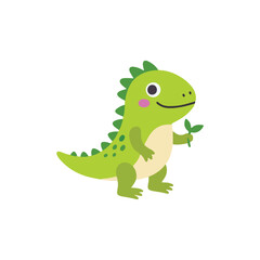 Fototapeta premium Cute green iguana lizard holding leaf vector illustration, funny reptile cartoon character