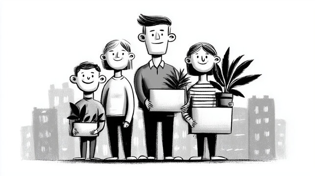 Gentrification Forced Displacement Family Demolished Neighborhood Line Art | Black & White Ink Illustration

