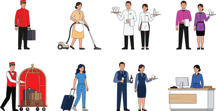 Hotel staff characters set with receptionist bellhop maid waiter and guest