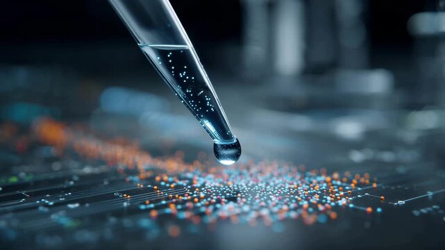 4K Conceptual representation of nanotechnology and biotechnology, featuring a pipette dispensing glowing blue particles onto a complex electronic circuit board video