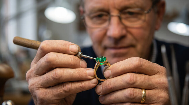 Extreme close-up of a jewelry master examining and working on a gold ring with a large green emerald gemstone, blurred face in the background


