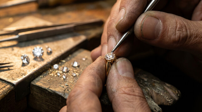 Macro shot of a jeweler making a diamond ring, setting the gemstone with precision tools among loose diamonds

