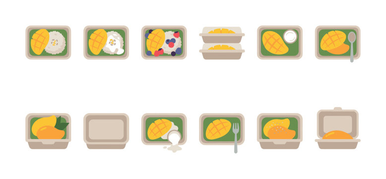 Various flat vector illustrations of mango sticky rice in different takeaway containers on a white background
