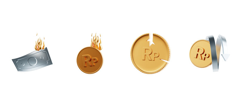burning banknote tipping molten gold rupiah coin cracked falling collapse financial crash