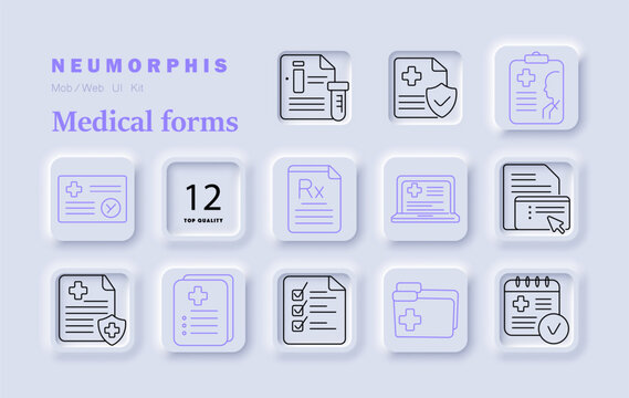 Medical forms set icon. Document with test tube, shield file, patient clipboard, approved card, prescription sheet, laptop record, file selection, checklist paper, folder, 