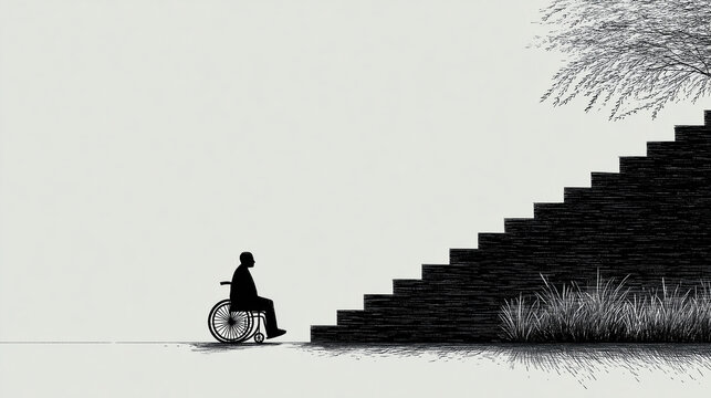 Disability Accessibility Barriers Wheelchair Broken Stairs Public Building Line Art | Black & White Ink Illustration

