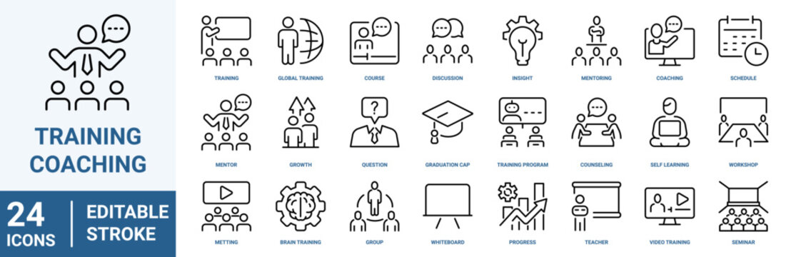 Training and coaching line icon set. Editable Stroke. Coach, mentoring, conference, motivation, potential, mentor. Vector illustration