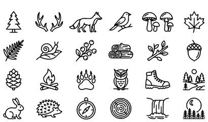 Minimal Forest Linear Vector Icons with Woodland Animals Plants Mushrooms and Nature Editable Stroke Collection © Mehedi