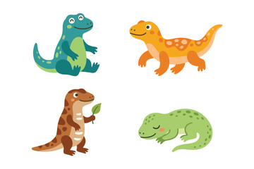 Obraz premium Cute komodo dragon lizard activity vector element set, kawaii reptile cartoon pack