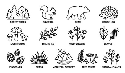 Obraz premium Woodland and Autumn Nature Outline Icons with Forest Animals Plants and Editable Stroke Elements