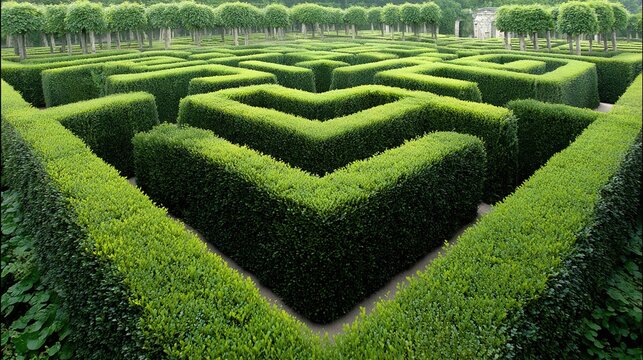 topiary. Perfectly trimmed hedge maze with straight green walls and geometric patterns in soft daylight. gardening catalogs, home-decor guides, designed for home decor and floral branding.