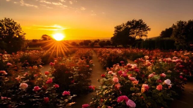 A sunset illuminates a rose garden, creating a warm, golden ambiance. Pathways lead between flowers