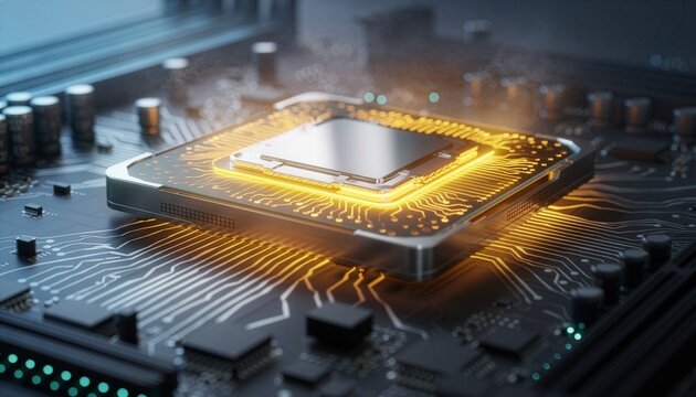 Powerful CPU processor glows intensely gold atop detailed dark circuit board motherboard.
