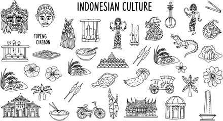 Indonesian Culture Icons Set, Black and White Line Art, Traditional Symbols and Landmarks © devanca