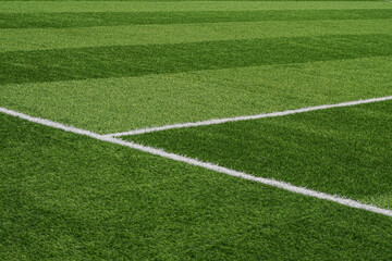 Obraz premium Freshly mowed grass shows crisp, clean lines. White boundary marks define the playing area clearly. Texture feels soft, uniform, and well-maintained.