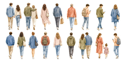 A charming hand drawn watercolor collection of casual urban people walking featuring modern men, women, couples, and a child in relaxed rear view poses illustrated in a soft lifestyle style. © liana