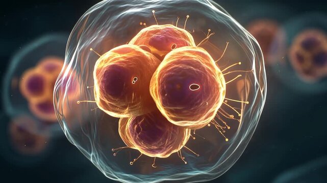4K 3d rendering of a human embryo at the fourcell stage of development, showing cellular division and biological structure under a microscope video