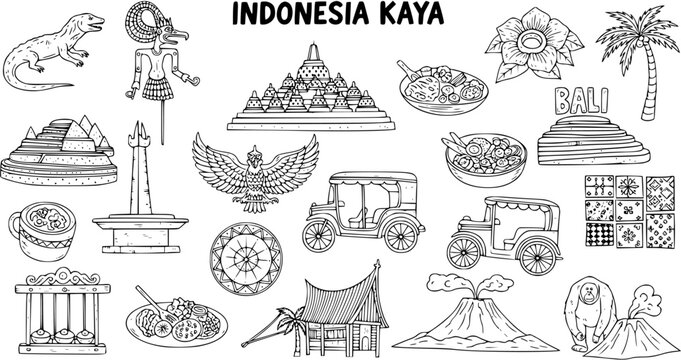 Hand-drawn Black  White Line Art Doodle Collection of Indonesia's Rich Culture, Travel Landmarks, Food  Wildlife Icons