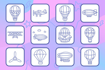 Air transport set icon. Hot air balloon, airplane, airship, biplane, zeppelin, flying vehicle, aviation travel, sky transport, journey, flight technology, aerial navigation © Кирилл Макаров
