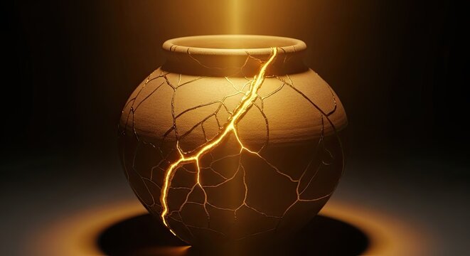 Cracked ceramic vessel glows with radiant golden light on a dark surface Surreal Silliness Concept Design