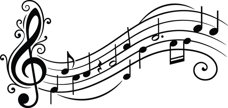 Decorative black vinyl wall sticker of musical notes on stave wavy lines and classic treble clef sign