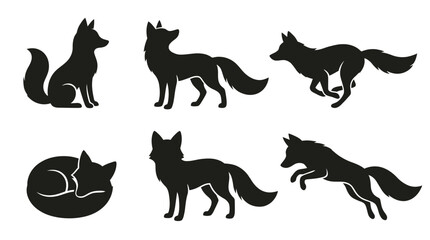 Obraz premium different black fox silhouettes on a clean white background, minimalist vector style.