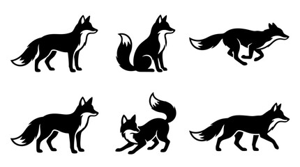 Obraz premium different black fox silhouettes on a clean white background, minimalist vector style.