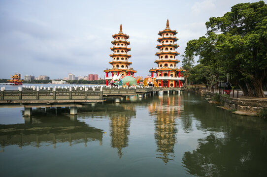 Dragon and Tiger pagodas at sunset, Zuoying, Kaohsiung, Taiwan