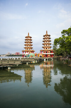 Dragon and Tiger pagodas at sunset, Zuoying, Kaohsiung, Taiwan