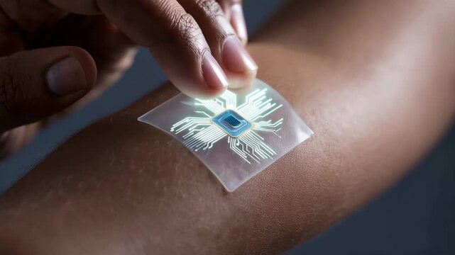 4K Closeup of a person applying a futuristic flexible electronic skin patch with glowing circuitry onto their arm, representing advanced wearable health technology video