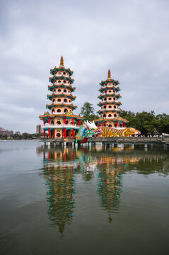 Dragon and Tiger pagodas at sunset, Zuoying, Kaohsiung, Taiwan