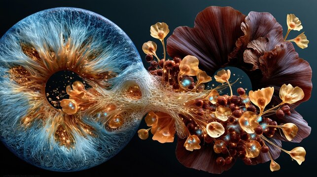 Illustration of two irises affected by Waardenburg syndrome heterochromia, one iris ice-blue with sparse melanocytes shown as glowing cellular structures within trabecular meshwork