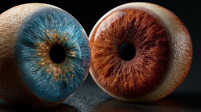 3D macro render of heterochromatic human eye pair associated with Waardenburg syndrome, one iris rendered in crystalline ice-blue with sparse glowing melanocyte nodes embedded in trabecular fibers