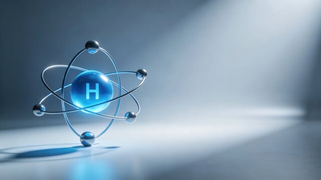 Sleek 3D hydrogen molecule glowing blue protons electrons