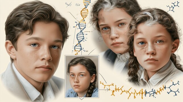 Scientific educational medical poster illustration about Waardenburg syndrome genetics, showing PAX3 gene mutation diagram, realistic portrait insets of affected individuals with heterochromia