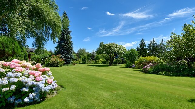 Beautiful lush summer garden landscape with blooming hydrangeas and green lawn
