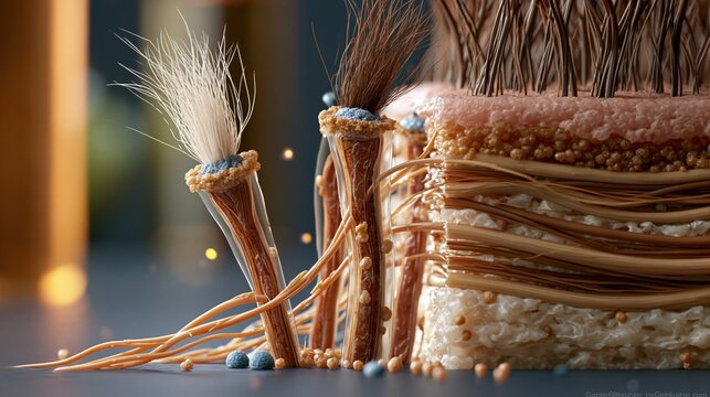 3D cross-section render of human scalp showing hair follicles in Waardenburg syndrome, affected depigmented white hair follicle beside normally pigmented dark follicle