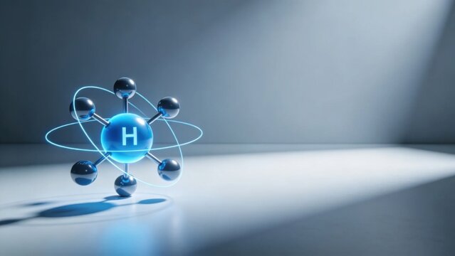 Sleek 3D hydrogen molecule glowing blue protons electrons