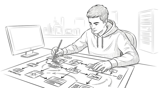 Young man designing web ux ui flow diagram sketch on desk with computer