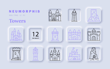 Towers set icon. Castle fortress medieval tower gate wall building architecture defense stone stronghold turret bastion structure line style neumorphic tiles. © Кирилл Макаров