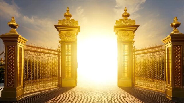 Golden gates open to bright light, flanked by detailed pillars. Brick path leads towards