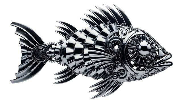 Steampunk mechanical fish sculpture made of polished chrome gears and clockwork parts. Futuristic metallic robot fish with intricate silver machinery details. Industrial bionic sea creature.