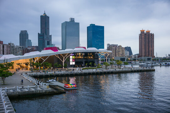 Waterfront and downtown skyline at dusk, Kaohsiung, Taiwan