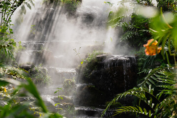 A lush garden waterfall cascades down moss-covered rocks, creating a refreshing mist. The scene evokes tranquility and showcases nature's beauty. © VikSid