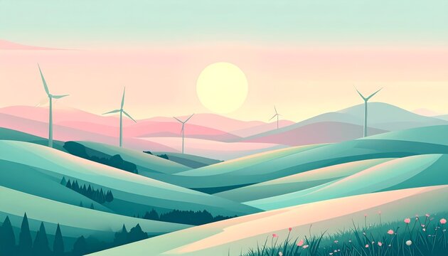 A cartoon vector illustration of a summer sunset over the green mountains and hill with a windmill turbine, farm road, and clouds in the blue sky