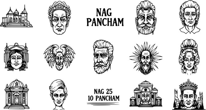 Vintage Black and White Line Art Illustrations of Hindu Gods, Goddesses, Mythological Figures, and Ancient Temples  Cultural Festival Collection for Nag Pancham