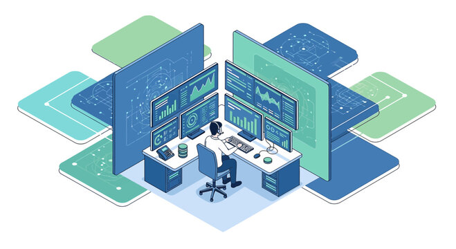 Stock market analyst working at trading desk with multiple computer monitors