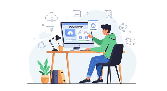 Young man working on computer, cloud storage, data security concept illustration